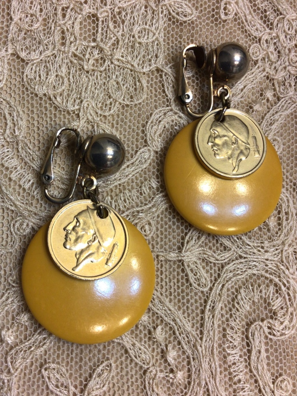 Mid-Century Bergère Clip-on Earrings Egg-yolk Yellow Bakelite Discs Gold Coins